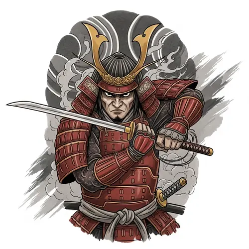 Intricate Samurai Tattoo Sketch in Chinese Ink Art