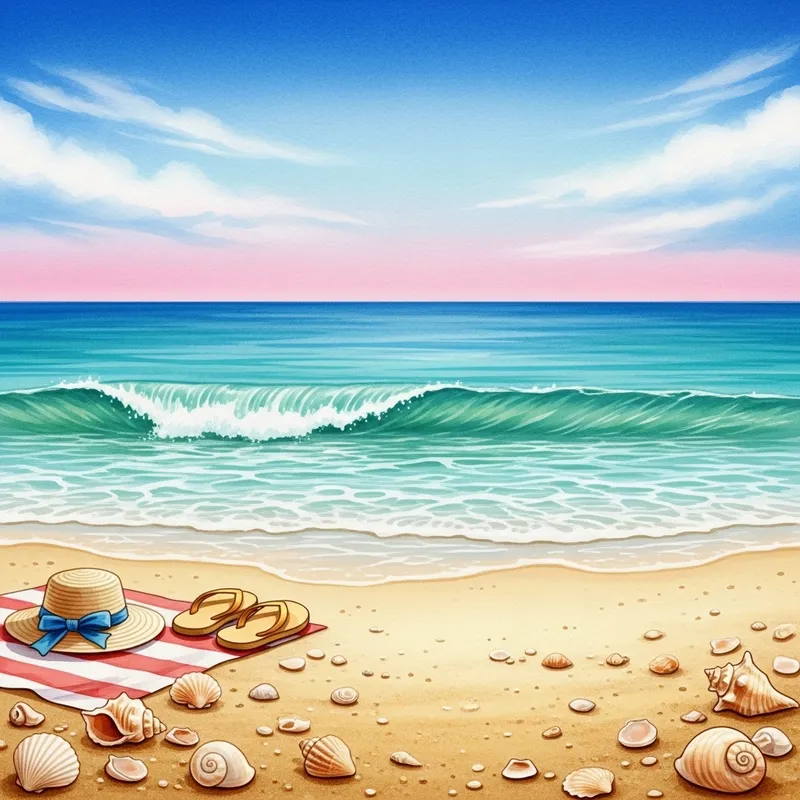 Tranquil Beach Watercolor Art | Seashells, Sun Hat & Ocean Waves