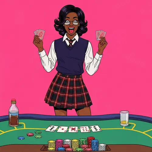 Confident Black Schoolgirl at Poker Table in Pop Art Style