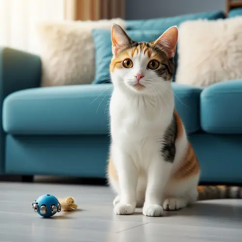 Adorable Domestic Shorthair Cat on Turquoise Sofa