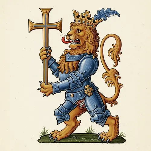 Majestic Demi-Rampant Lion Holding Cross Crosslet | Historical Heraldry Design
