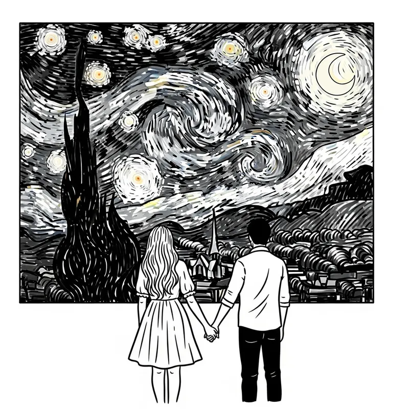Simplified Starry Night Tattoo for Couples - Artistic Inkwork