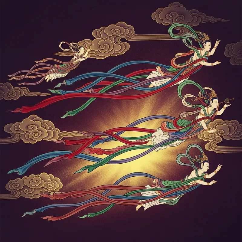 Dunhuang-Inspired Poster with Celestial Beings in Flight Dunhuang-Inspired Poster with Celestial Beings in Flight