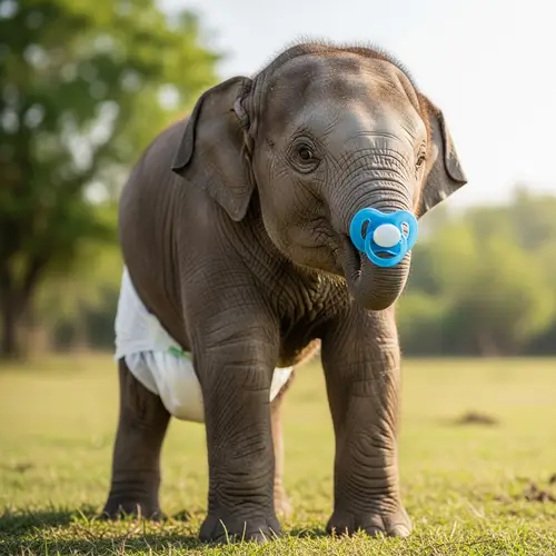 Adorable Baby Elephant in Diapers and Pacifier