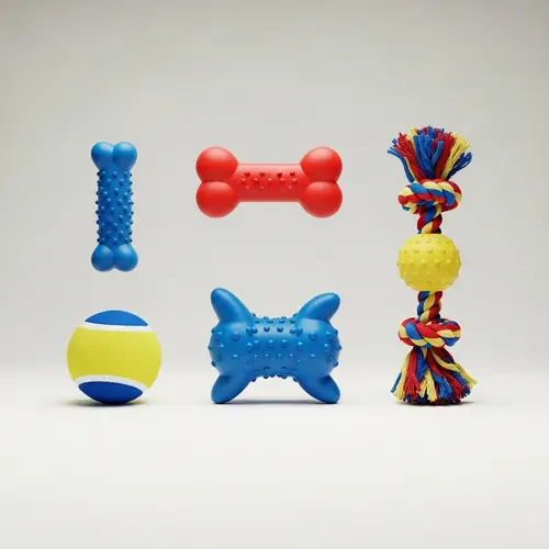 Vibrant Dog Toys Display: Minimalistic Joy for Canine Friends