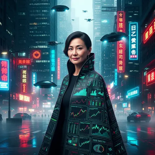 Futuristic Cyberpunk Scene with Tech Investor and Neon Signs