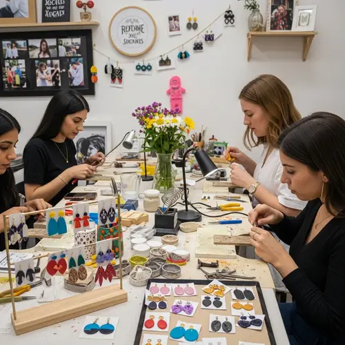 Creative Women Making Unique Earrings in Joyful Workshop