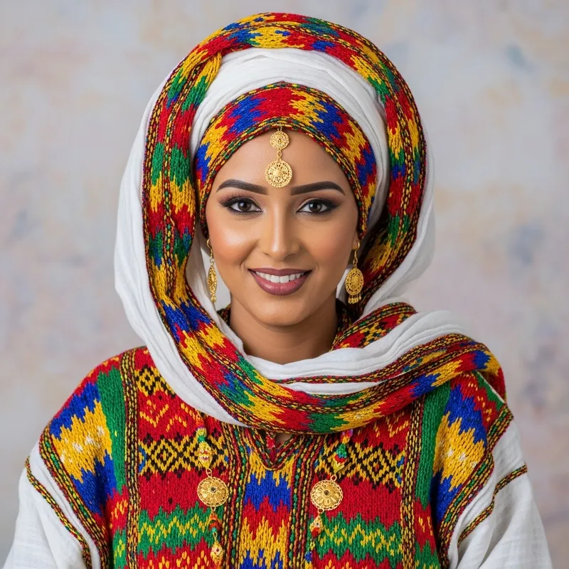 Eritrean Woman in Traditional Attire | Colorful Zar'i & Shash