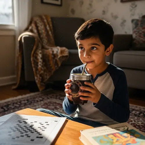 South Asian Boy Enjoying Yerba Mate with Traditional Gourd and Bombilla