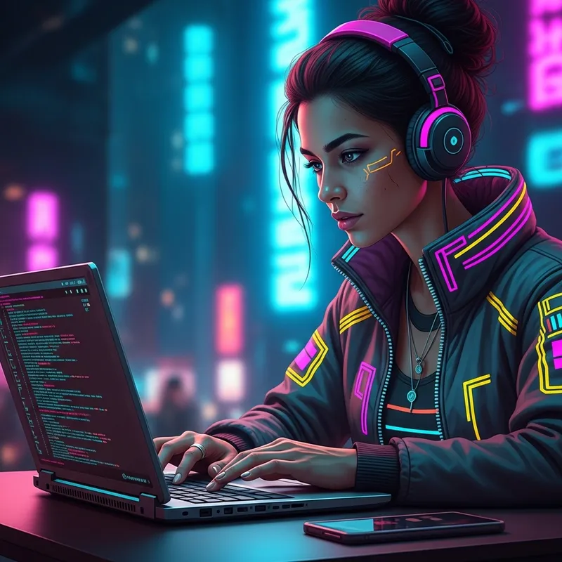 Cyberpunk Woman Coding on MacBook