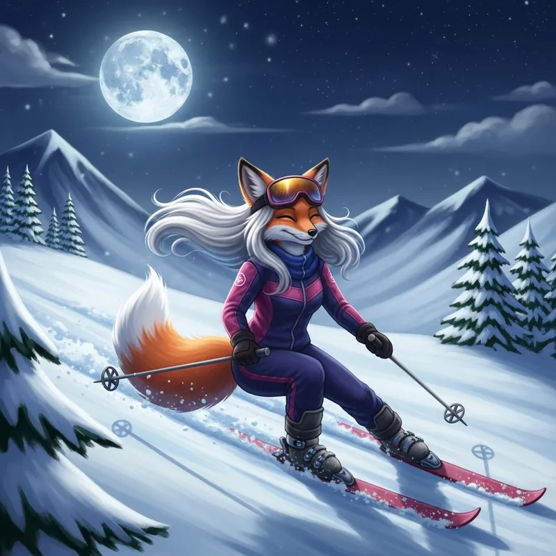 Charming Female Fox with Long Hair Skiing in Snow | Whimsical Fantasy Art