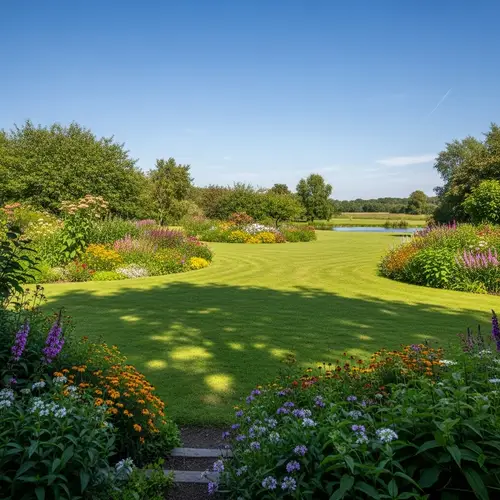 Tranquil Garden Scene with Lush Meadows and Flowering Plants