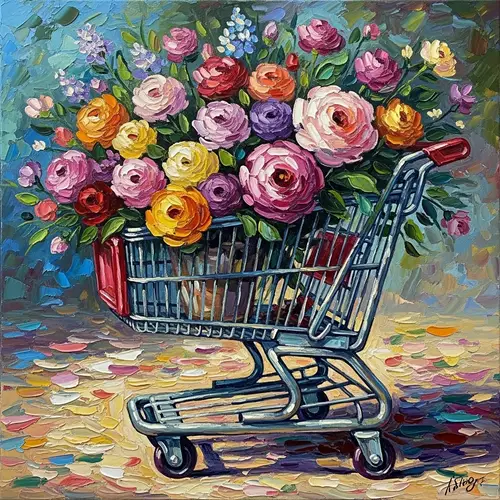 Impressionist Style Oil Painting of Vintage Shopping Cart with Colorful Flowers
