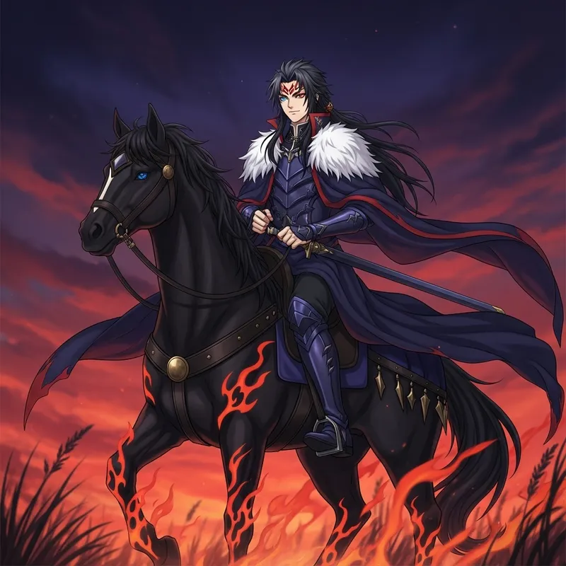 Male Anime Character with Unique Features Riding Majestic Black Horse Male Anime Character with Unique Features Riding Majestic Black Horse