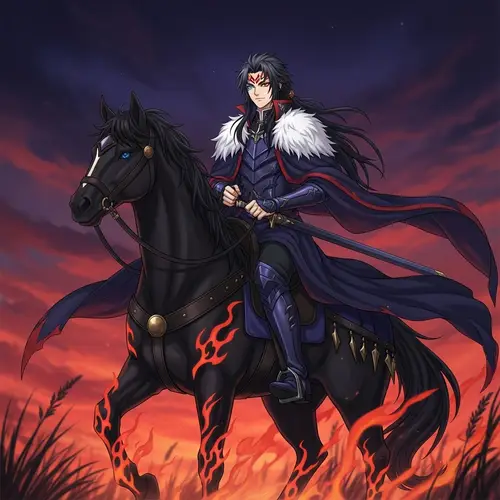 Male Anime Character with Striking Hairstyle Riding Black Horse