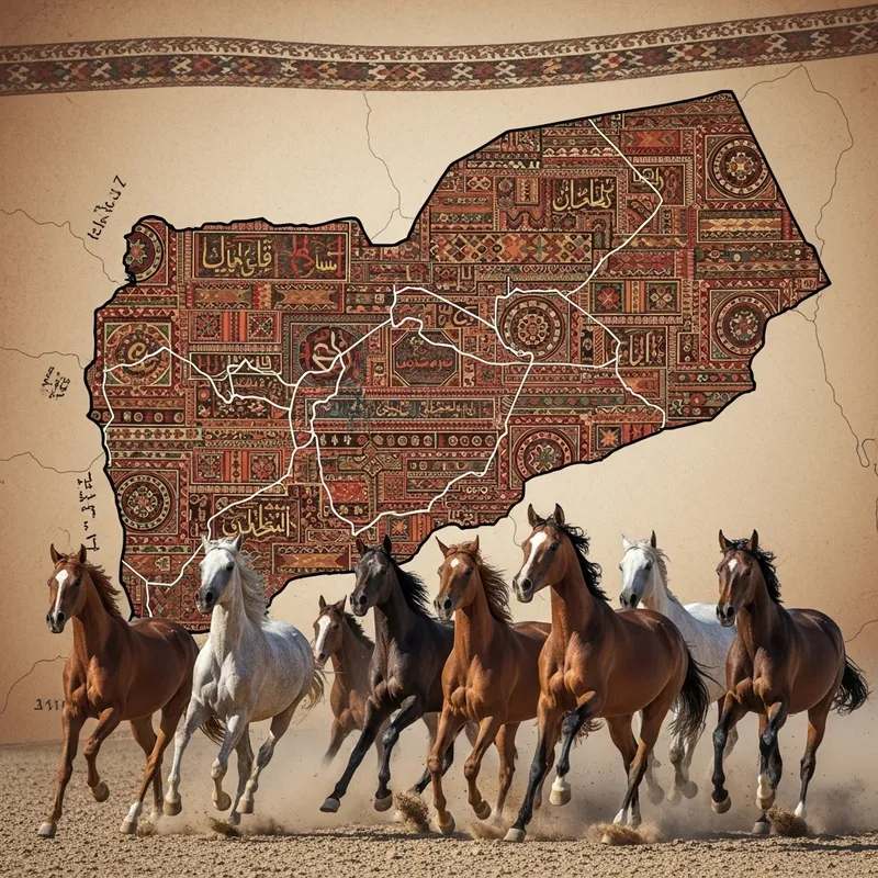 Majestic Horses in Yemen Map with Sadu Style Effect