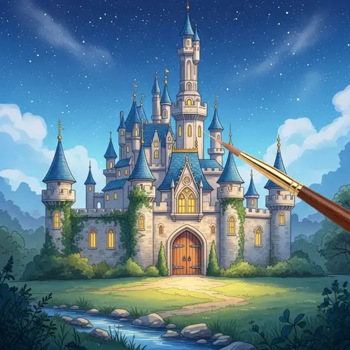 Watercolor Magical Castle Twilight Scene