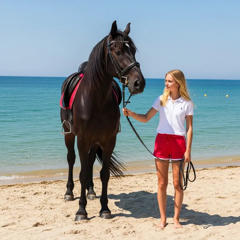 Blonde Girl in Red Shorts with Black Horse on Cloudless Beach Blonde Girl in Red Shorts with Black Horse on Cloudless Beach