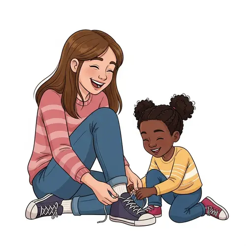 Joyful Sisterly Bond: Playful Shoelace Tying Scene