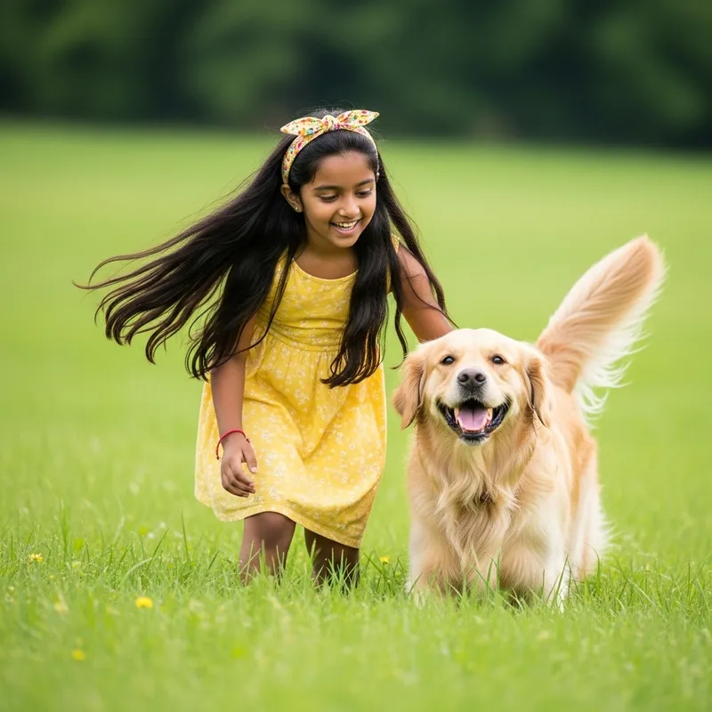 South Asian Girl with Golden Retriever in Green Field