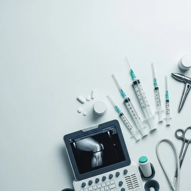 Minimalistic Sports Clinic Background with Syringes and Ultrasound Machine