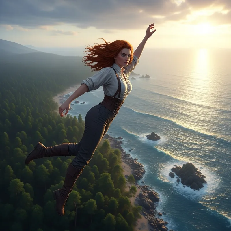 High-Flying Fantasy Illustration of Determined Woman in Epic Wilderness