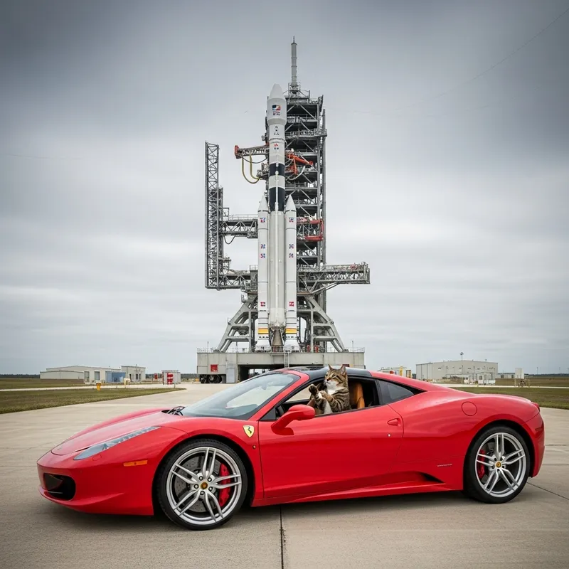 Sporty Red Car with Aluminum Wheels by Rocket Launch Pad