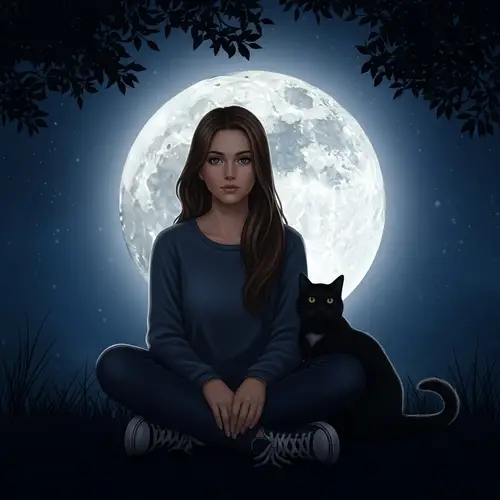 Tranquil Scene: Girl with Black Cat Under Radiant Moonlight