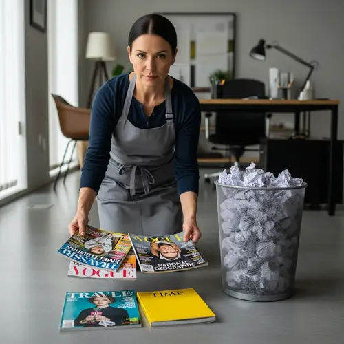 Colorful Magazines Next to Full Office Waste Bin - Cleaning Lady Scene