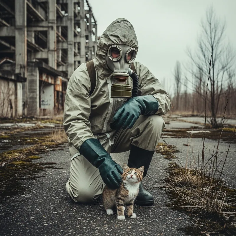 Chernobyl Man in Gas Mask Stroking Kitten Compassionately Chernobyl Man in Gas Mask Stroking Kitten Compassionately