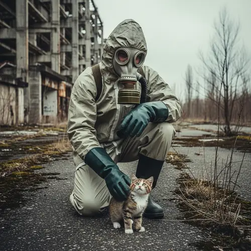 Deserted Chernobyl: Man in Gas Mask Showing Compassion to Kitten