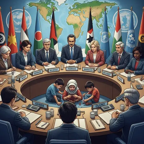 Global Peace Council with Diverse Delegates and Distressed Children