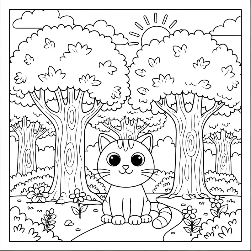 Black and White Cartoon Cat Coloring Page for Kids