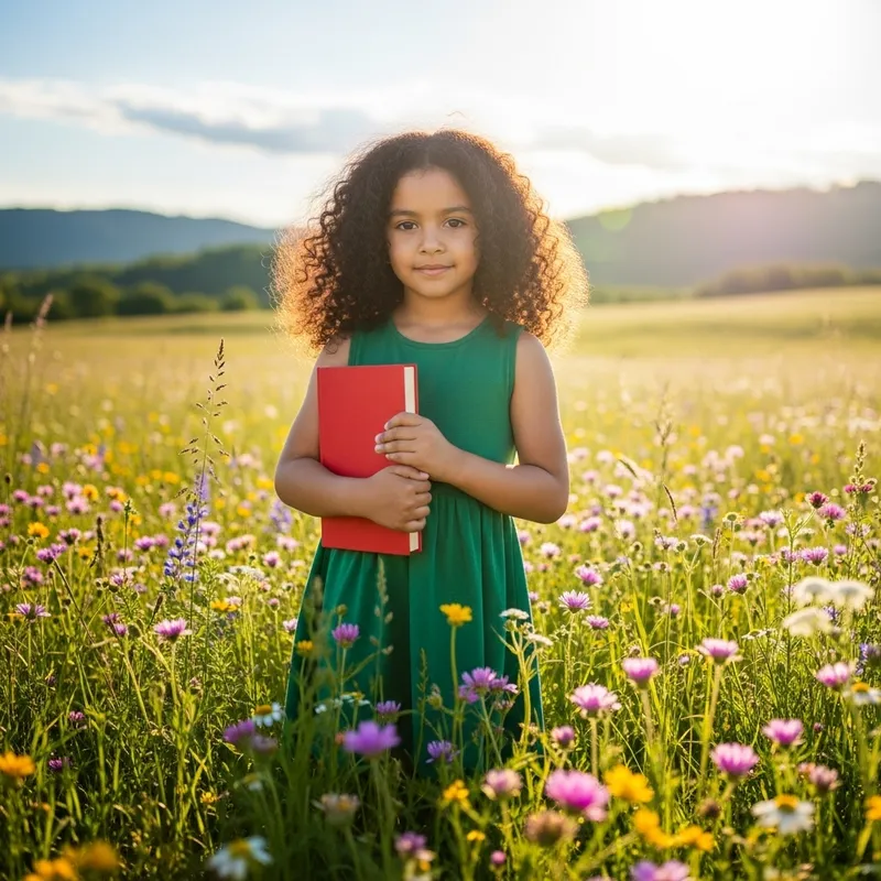 Vivid Image of Young Hispanic Girl with Black Curly Hair in Green Dress and Red Book