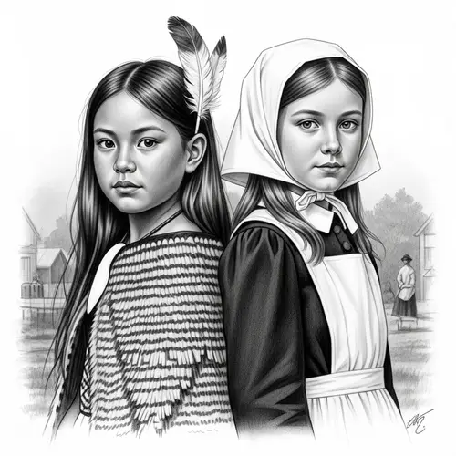 Black and White Sketch: Maori and British Girls in 1800's NZ