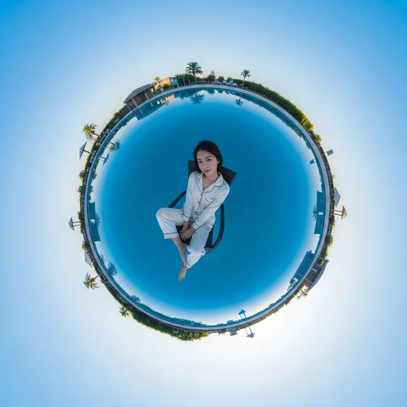Capturing Tiny Planet Photography Technique with Beautiful Asian Woman by Pool