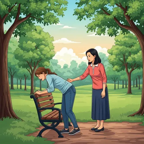 Woman Vomiting Outdoors - Scene of Sickness and Comfort in the Park