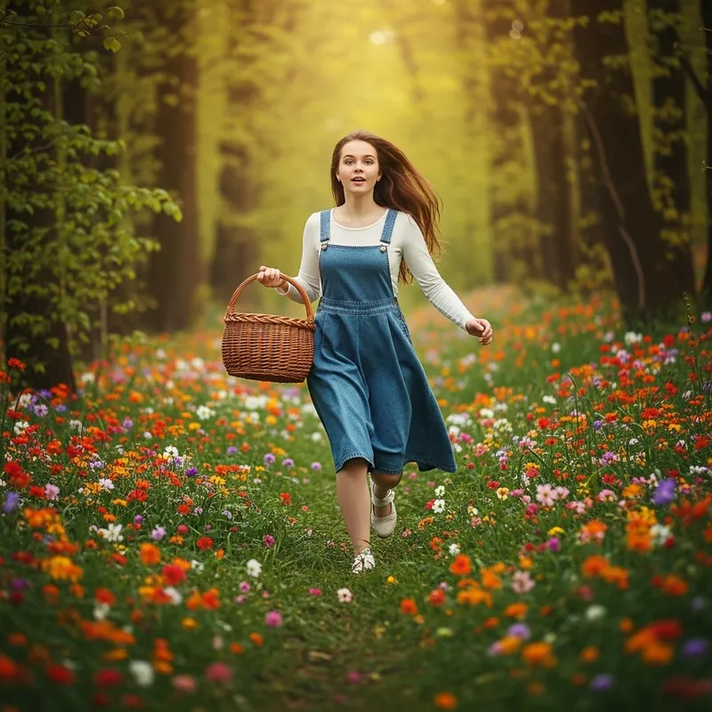 Youthful Girl in Enchanting Forest of Vibrant Flowers