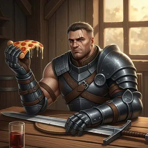 One-Armed Swordsman Enjoying Pizza in Rustic Tavern