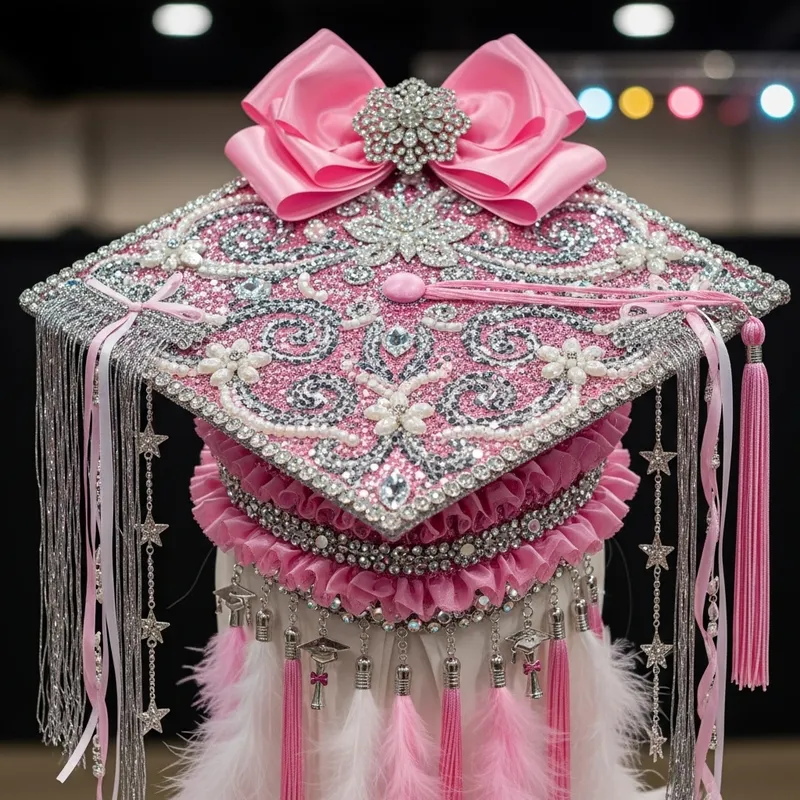 Eye-Catching Pink, Silver & White Decorated Graduation Cap Design