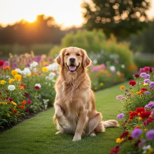 Jovial Golden Retriever Enjoying Outdoors in Serene Garden