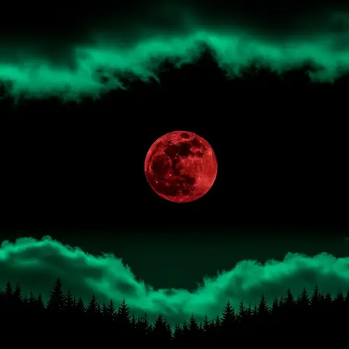 Crimson Moon and Emerald Green Clouds - Enchanting Night Scene