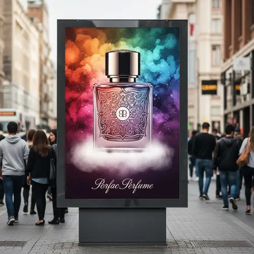 Vibrant Perfume Store Billboard on Urban Street | Buy Your Scent Here