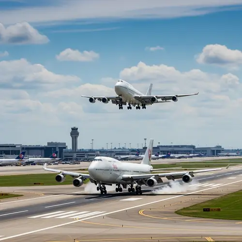 Boeing 747 Landing at Bustling Airport - Captivating Scene