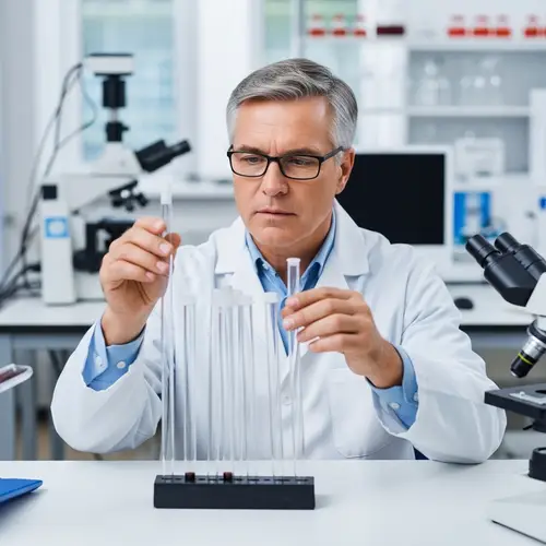Caucasian Male Scientist Examining Chemical Tubes in Laboratory