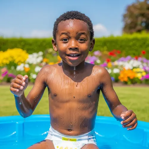 Joyful 8-Year-Old Boy Playing in Wet Absorbent Diaper