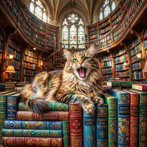 Whimsical Cat atop a Colorful Library of Books