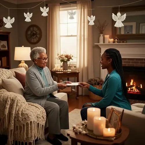 Godly Love Scene: Elderly Black Woman Handing Letter to Younger Woman