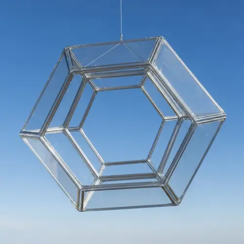Futuristic Glass Icosahedron: Minimalist Geometric Art in the Sky