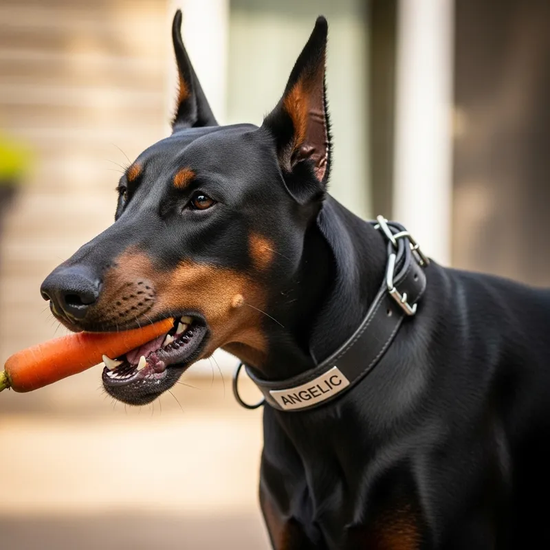 Angelic Black Doberman Eating Carrots - Enthusiastic Pup